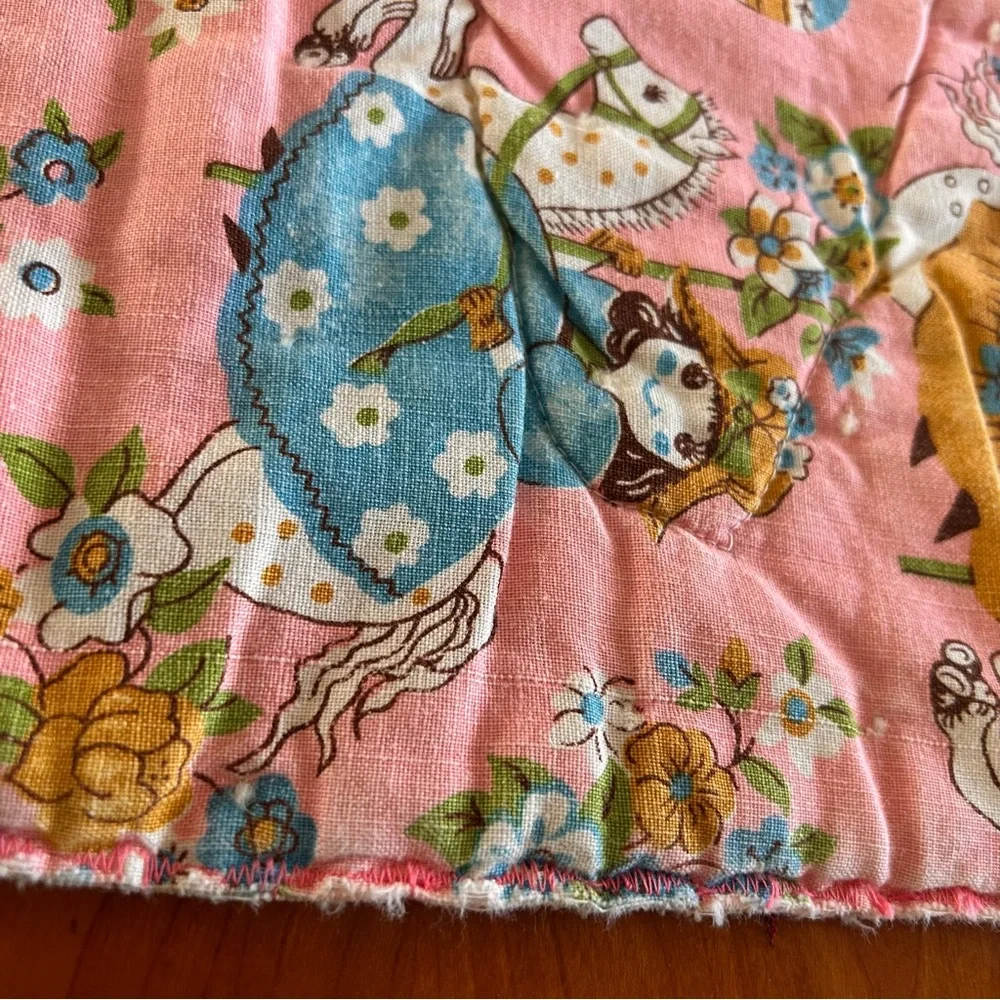 Vintage 1960's Mid Century Girl's Pink girl on carousel baby blanket 40” x 56”